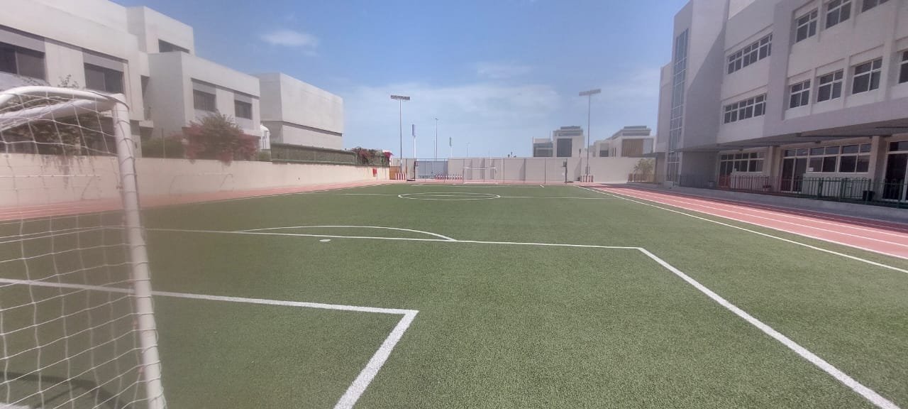 المرمى والخطوط البيضاء بملعب المدرسة