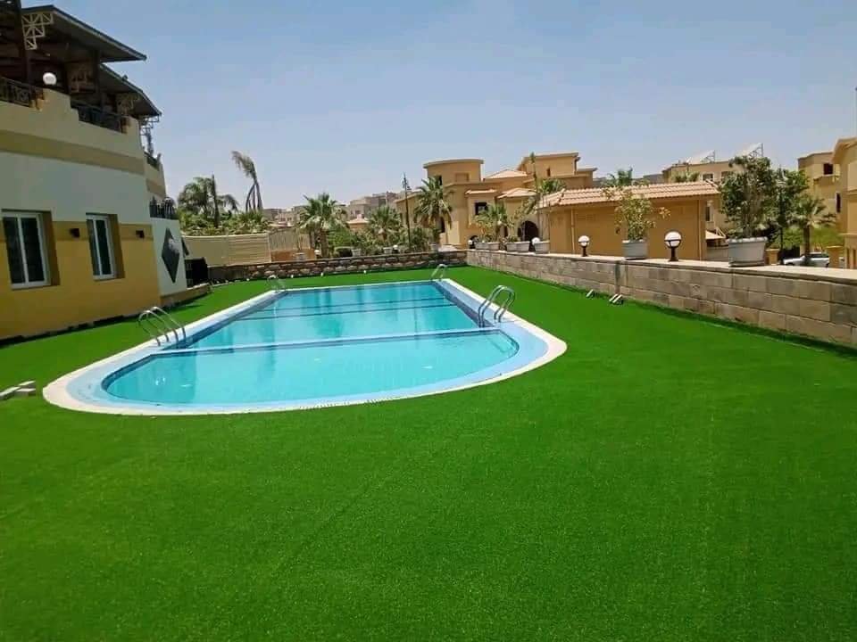 مسبح بيضاوي وسط العشب الصناعي