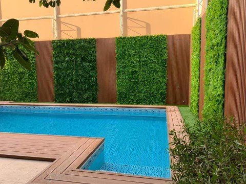 مسبح صغير بجداريات العشب والخشب