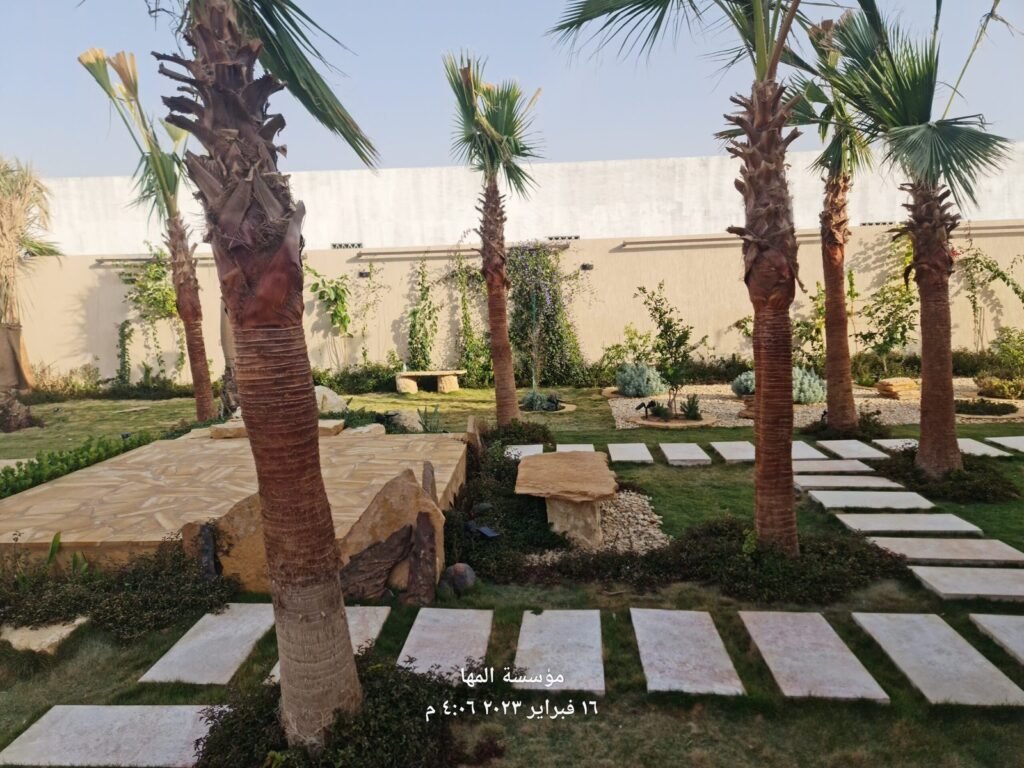 حديقة فيلا منسقة بنخيل وممرات بلاط ومسطحات خضراء